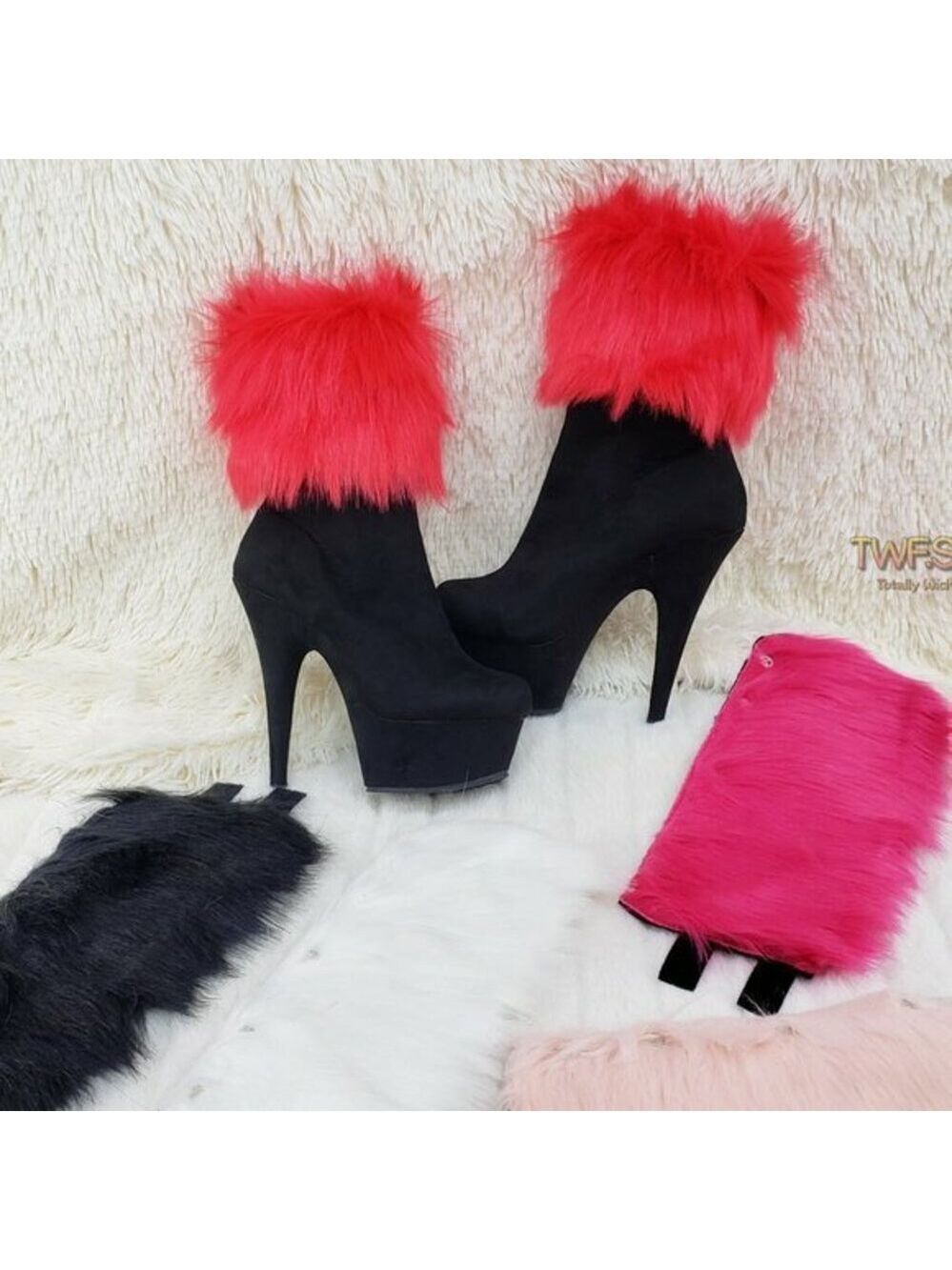NIB 1000 Furry Faux Fur Changeable Cuffs / Collars Platform Ankle Boots 6" High